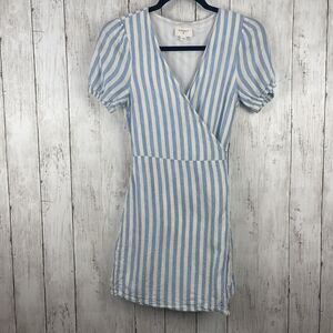 Everly Dress Women Small Blue White Linen Stripe Wrap Nautical Coastal Preppy